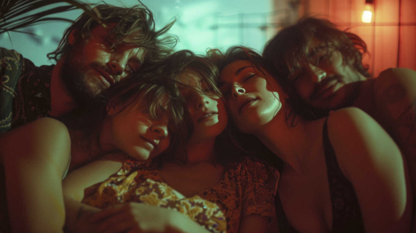 Five people are embracing one another, representing couples therapy for polyamorous relationships